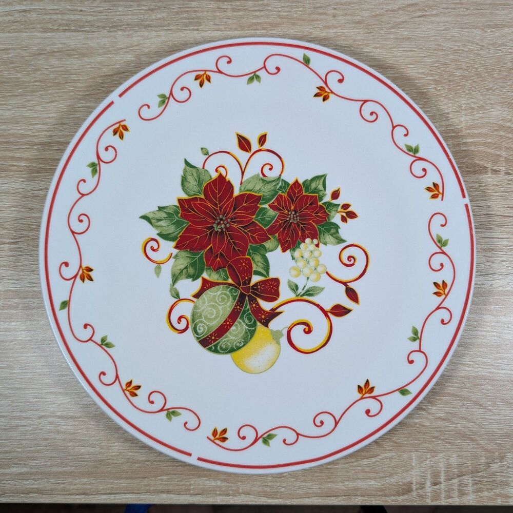 Christmas Poinsettia Dinner Plate Holiday Dish Red Green Scroll Microwave Safe